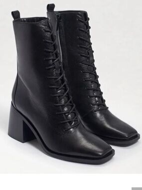 Sam Edelman Westie Lace Up Heeled Booties Black Leather Size 8 Chunky Heel